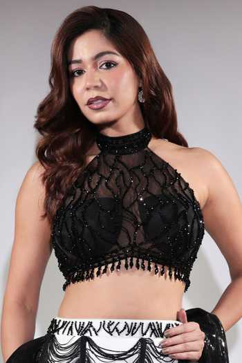 Buy Jubinav Chadha Black Georgette, Net Halter Neck Sequin Work Blouse Fringed Skirt Set Online at Aza Fashions Buy_Jubinav Chadha_Black Georgette, Net Halter Neck Sequin Work Blouse Fringed Skirt Set _Online_at_Aza_Fashions