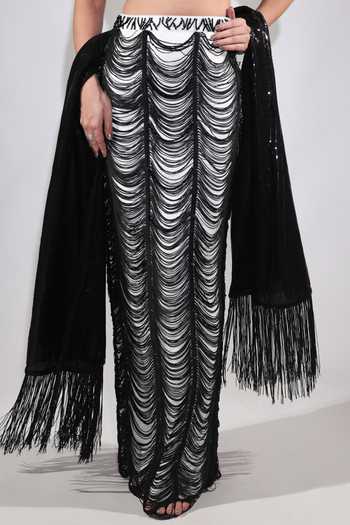 Jubinav Chadha Black Georgette, Net Halter Neck Sequin Work Blouse Fringed Skirt Set at Aza Fashions Jubinav Chadha_Black Georgette, Net Halter Neck Sequin Work Blouse Fringed Skirt Set _at_Aza_Fashions