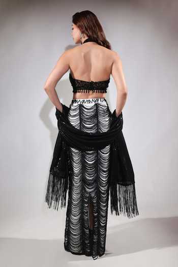 Jubinav Chadha Sequin Work Blouse Fringed Skirt Set 
