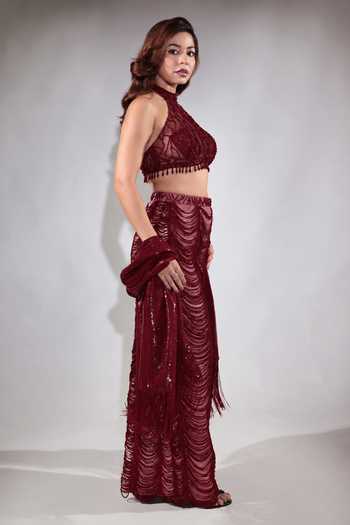 Jubinav Chadha Burgundy Net, Georgette Halter Neck Sequin Fringed Skirt Set Online at Aza Fashions Jubinav Chadha_Burgundy Net, Georgette Halter Neck Sequin Fringed Skirt Set _Online_at_Aza_Fashions