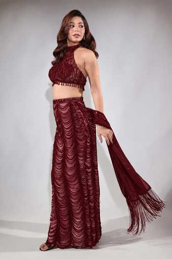Buy Jubinav Chadha Burgundy Net, Georgette Halter Neck Sequin Fringed Skirt Set Online at Aza Fashions Buy_Jubinav Chadha_Burgundy Net, Georgette Halter Neck Sequin Fringed Skirt Set _Online_at_Aza_Fashions