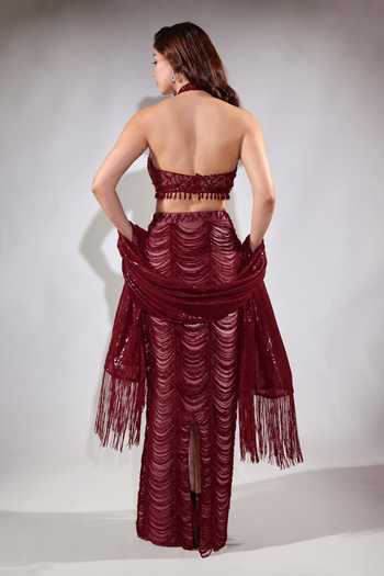 Jubinav Chadha Burgundy Sequin Fringed Skirt Set 