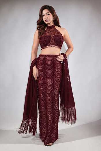Jubinav Chadha Burgundy Sequin Fringed Skirt Set 