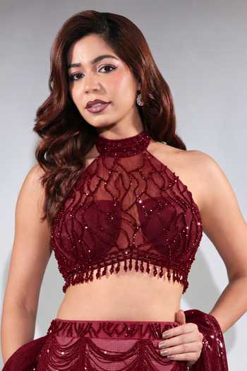 Shop Jubinav Chadha Burgundy Net, Georgette Halter Neck Sequin Fringed Skirt Set Online at Aza Fashions Shop_Jubinav Chadha_Burgundy Net, Georgette Halter Neck Sequin Fringed Skirt Set _Online_at_Aza_Fashions