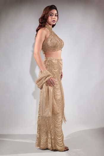 Jubinav Chadha Beige Georgette, Net Halter , Choker Sequin Fringed Skirt Set Online at Aza Fashions Jubinav Chadha_Beige Georgette, Net Halter , Choker Sequin Fringed Skirt Set _Online_at_Aza_Fashions