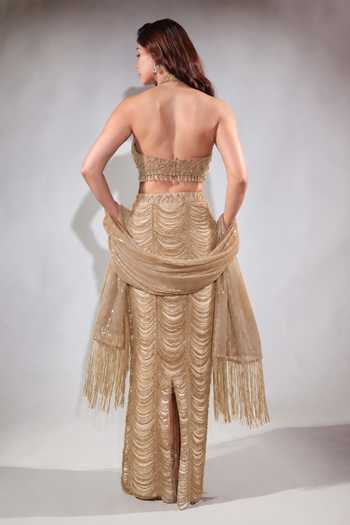 Jubinav Chadha Beige Sequin Fringed Skirt Set 