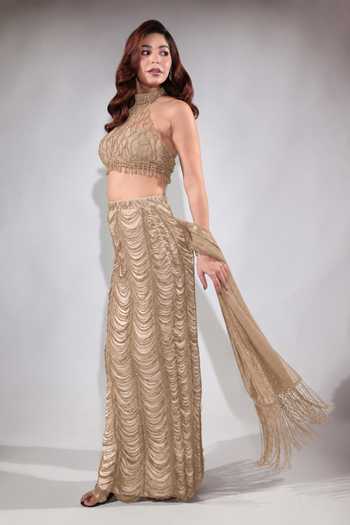 Buy Jubinav Chadha Beige Georgette, Net Halter , Choker Sequin Fringed Skirt Set Online at Aza Fashions Buy_Jubinav Chadha_Beige Georgette, Net Halter , Choker Sequin Fringed Skirt Set _Online_at_Aza_Fashions