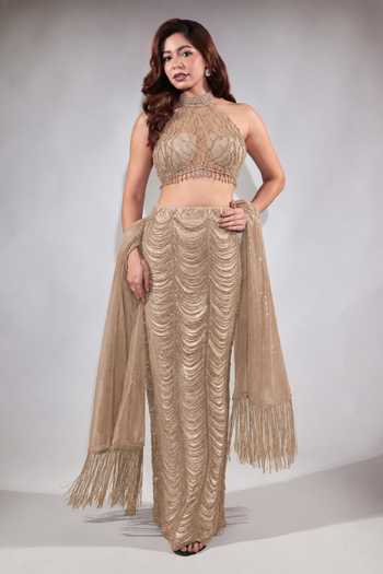 Jubinav Chadha Beige Sequin Fringed Skirt Set 