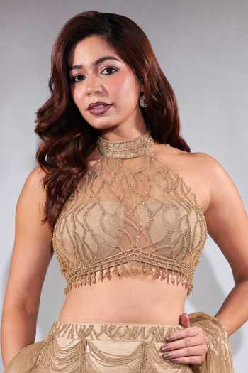 Shop Jubinav Chadha Beige Georgette, Net Halter , Choker Sequin Fringed Skirt Set Online at Aza Fashions Shop_Jubinav Chadha_Beige Georgette, Net Halter , Choker Sequin Fringed Skirt Set _Online_at_Aza_Fashions