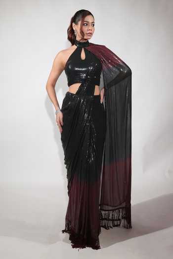 Jubinav Chadha Black & Burgundy Ombre Saree Gown 