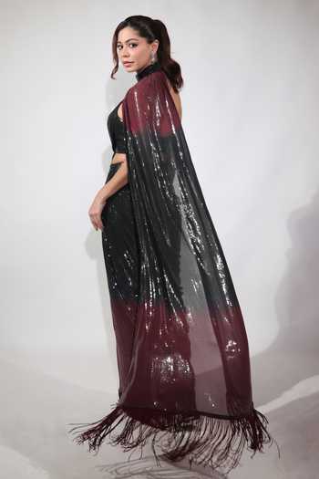 Jubinav Chadha Black Georgette Sequins, Fringe Halter Neck, Keyhole And Burgundy Ombre Saree Gown Online at Aza Fashions Jubinav Chadha_Black Georgette Sequins, Fringe Halter Neck, Keyhole And Burgundy Ombre Saree Gown _Online_at_Aza_Fashions