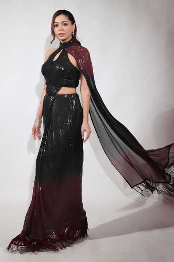 Buy Jubinav Chadha Black Georgette Sequins, Fringe Halter Neck, Keyhole And Burgundy Ombre Saree Gown Online at Aza Fashions Buy_Jubinav Chadha_Black Georgette Sequins, Fringe Halter Neck, Keyhole And Burgundy Ombre Saree Gown _Online_at_Aza_Fashions