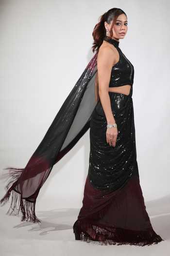 Shop Jubinav Chadha Black Georgette Sequins, Fringe Halter Neck, Keyhole And Burgundy Ombre Saree Gown Online at Aza Fashions Shop_Jubinav Chadha_Black Georgette Sequins, Fringe Halter Neck, Keyhole And Burgundy Ombre Saree Gown _Online_at_Aza_Fashions