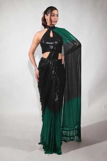 Jubinav Chadha Black & Emerald Ombre Saree Gown 