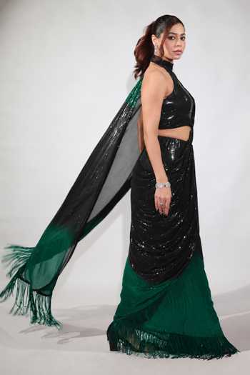 Jubinav Chadha Black Georgette Sequins, Tassels Halter Neck, Choker And Emerald Ombre Saree Gown Online at Aza Fashions Jubinav Chadha_Black Georgette Sequins, Tassels Halter Neck, Choker And Emerald Ombre Saree Gown _Online_at_Aza_Fashions