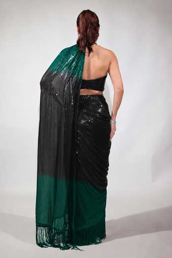 Jubinav Chadha Black & Emerald Ombre Saree Gown 