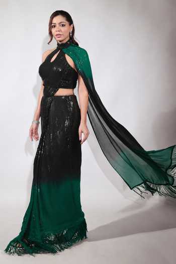 Buy Jubinav Chadha Black Georgette Sequins, Tassels Halter Neck, Choker And Emerald Ombre Saree Gown Online at Aza Fashions Buy_Jubinav Chadha_Black Georgette Sequins, Tassels Halter Neck, Choker And Emerald Ombre Saree Gown _Online_at_Aza_Fashions