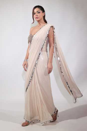 Jubinav Chadha Off White Georgette, Net Embroidery, Tassels, Sequin Draped Saree With Corset Online at Aza Fashions Jubinav Chadha_Off White Georgette, Net Embroidery, Tassels, Sequin Draped Saree With Corset _Online_at_Aza_Fashions