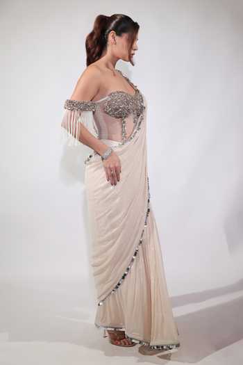 Buy Jubinav Chadha Off White Georgette, Net Embroidery, Tassels, Sequin Draped Saree With Corset Online at Aza Fashions Buy_Jubinav Chadha_Off White Georgette, Net Embroidery, Tassels, Sequin Draped Saree With Corset _Online_at_Aza_Fashions