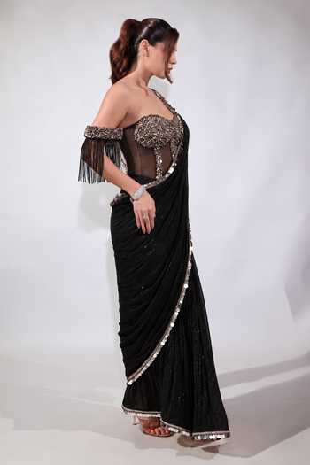 Jubinav Chadha Black Georgette, Net Sequins, Tassels, Pre-draped Saree With Embroidered Corset Online at Aza Fashions Jubinav Chadha_Black Georgette, Net Sequins, Tassels, Pre-draped Saree With Embroidered Corset _Online_at_Aza_Fashions