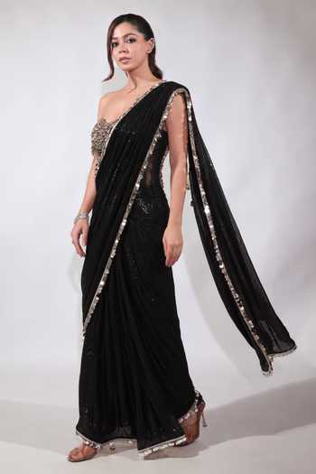 Buy Jubinav Chadha Black Georgette, Net Sequins, Tassels, Pre-draped Saree With Embroidered Corset Online at Aza Fashions Buy_Jubinav Chadha_Black Georgette, Net Sequins, Tassels, Pre-draped Saree With Embroidered Corset _Online_at_Aza_Fashions