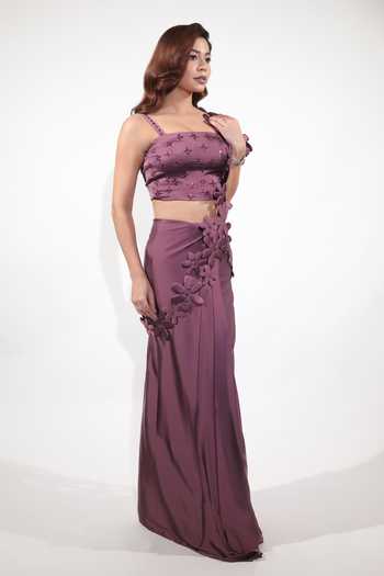 Jubinav Chadha Wine Satin Square Neck Pre-draped Saree With Embroidered Blouse Online at Aza Fashions Jubinav Chadha_Wine Satin Square Neck Pre-draped Saree With Embroidered Blouse _Online_at_Aza_Fashions