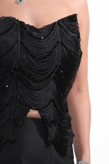 Buy Jubinav Chadha Black Taffeta Beads, Crystals, Fringe Bandeau Neck Corset And Fishtail Skirt Set Buy_Jubinav Chadha_Black Taffeta Beads, Crystals, Fringe Bandeau Neck Corset And Fishtail Skirt Set