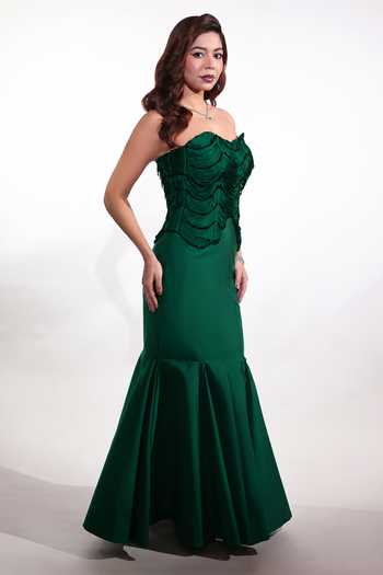 Shop Jubinav Chadha Emerald Green Taffeta Sequins, Beads, Crystals, Fringe Corset And Fishtail Skirt Online at Aza Fashions Shop_Jubinav Chadha_Emerald Green Taffeta Sequins, Beads, Crystals, Fringe Corset And Fishtail Skirt _Online_at_Aza_Fashions