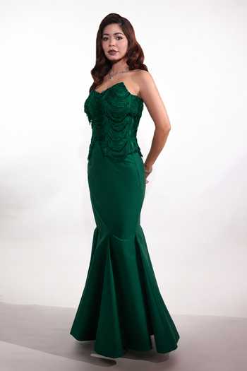 Jubinav Chadha Emerald Green Taffeta Sequins, Beads, Crystals, Fringe Corset And Fishtail Skirt at Aza Fashions Jubinav Chadha_Emerald Green Taffeta Sequins, Beads, Crystals, Fringe Corset And Fishtail Skirt _at_Aza_Fashions