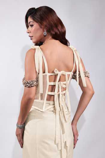 Jubinav Chadha Cream Net Square Neck Hand-embroidered Shell Corset Online at Aza Fashions Jubinav Chadha_Cream Net Square Neck Hand-embroidered Shell Corset _Online_at_Aza_Fashions