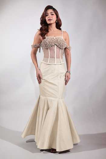 Buy Jubinav Chadha Cream Net Square Neck Hand-embroidered Shell Corset at Aza Fashions Buy_Jubinav Chadha_Cream Net Square Neck Hand-embroidered Shell Corset _at_Aza_Fashions
