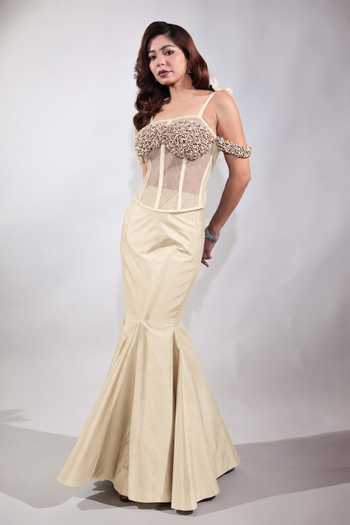 Buy Jubinav Chadha Cream Net Square Neck Hand-embroidered Shell Corset Online at Aza Fashions Buy_Jubinav Chadha_Cream Net Square Neck Hand-embroidered Shell Corset _Online_at_Aza_Fashions