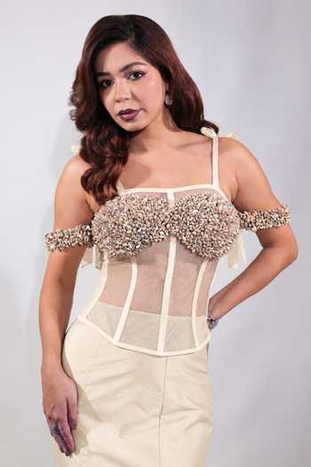 Jubinav Chadha Cream Net Square Neck Hand-embroidered Shell Corset at Aza Fashions Jubinav Chadha_Cream Net Square Neck Hand-embroidered Shell Corset _at_Aza_Fashions