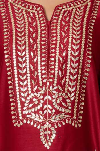 Kameez Red Chanderi, Kota Doria Split V-neck Patti Kurta Sharara Set at Aza Fashions Kameez_Red Chanderi, Kota Doria Split V-neck Patti Kurta Sharara Set _at_Aza_Fashions