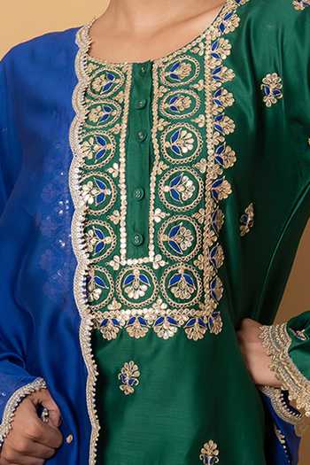 Shop Kameez Green Chanderi, Cotton Round Neck, Yes Emerald Blue Embroidered Kurta Set Online at Aza Fashions Shop_Kameez_Green Chanderi, Cotton Round Neck, Yes Emerald Blue Embroidered Kurta Set _Online_at_Aza_Fashions