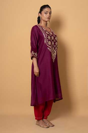 Buy Kameez Purple Chanderi, Cotton V-neck Embroidered Kurta And Pant Set Online at Aza Fashions Buy_Kameez_Purple Chanderi, Cotton V-neck Embroidered Kurta And Pant Set _Online_at_Aza_Fashions