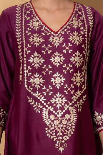 Shop Kameez Purple Chanderi, Cotton V-neck Embroidered Kurta And Pant Set Online at Aza Fashions Shop_Kameez_Purple Chanderi, Cotton V-neck Embroidered Kurta And Pant Set _Online_at_Aza_Fashions