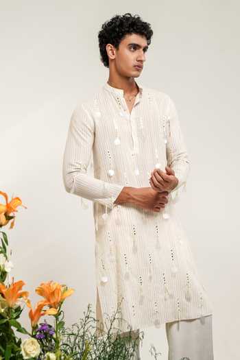 Shwetanga Ivory Silk, Cotton Tassel Embroidered Kurta Set Online at Aza Fashions Shwetanga_Ivory Silk, Cotton Tassel Embroidered Kurta Set _Online_at_Aza_Fashions