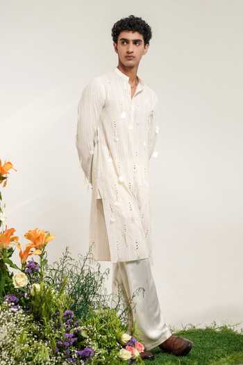 Shwetanga Ivory Silk, Cotton Tassel Embroidered Kurta Set at Aza Fashions Shwetanga_Ivory Silk, Cotton Tassel Embroidered Kurta Set _at_Aza_Fashions