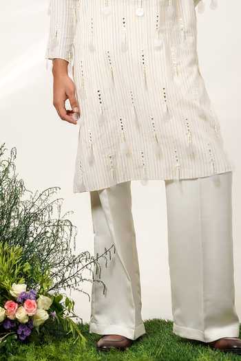 Buy Shwetanga Ivory Silk, Cotton Tassel Embroidered Kurta Set Buy_Shwetanga_Ivory Silk, Cotton Tassel Embroidered Kurta Set
