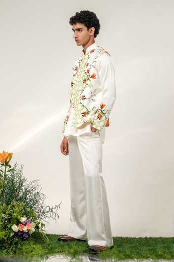 Shwetanga Ivory Silk Embroidery Eden Patchwork Bandhgala And Kurta Set Online at Aza Fashions Shwetanga_Ivory Silk Embroidery Eden Patchwork Bandhgala And Kurta Set _Online_at_Aza_Fashions
