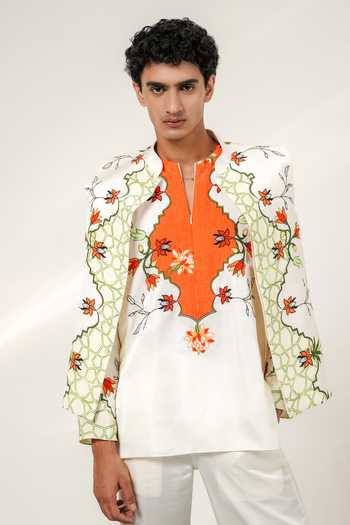 Shwetanga Ivory Silk Embroidery Eden Patchwork Bandhgala And Kurta Set at Aza Fashions Shwetanga_Ivory Silk Embroidery Eden Patchwork Bandhgala And Kurta Set _at_Aza_Fashions