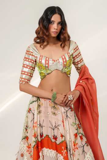Shwetanga Ivory Cotton, Organza Sweetheart Neck Garden Print Lehenga Set Online at Aza Fashions Shwetanga_Ivory Cotton, Organza Sweetheart Neck Garden Print Lehenga Set _Online_at_Aza_Fashions