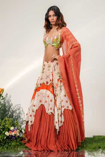 Buy Shwetanga Ivory Cotton, Organza Sweetheart Neck Garden Print Lehenga Set Online at Aza Fashions Buy_Shwetanga_Ivory Cotton, Organza Sweetheart Neck Garden Print Lehenga Set _Online_at_Aza_Fashions