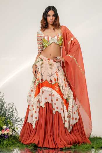 Shwetanga Ivory Cotton, Organza Sweetheart Neck Garden Print Lehenga Set at Aza Fashions Shwetanga_Ivory Cotton, Organza Sweetheart Neck Garden Print Lehenga Set _at_Aza_Fashions