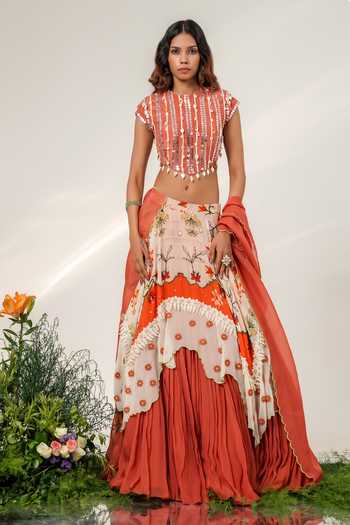 Shwetanga Ivory Cotton, Organza Sequins, Mirrors Garden Print Lehenga Set Online at Aza Fashions Shwetanga_Ivory Cotton, Organza Sequins, Mirrors Garden Print Lehenga Set _Online_at_Aza_Fashions