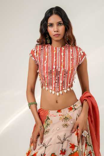Shop Shwetanga Ivory Cotton, Organza Sequins, Mirrors Garden Print Lehenga Set Online at Aza Fashions Shop_Shwetanga_Ivory Cotton, Organza Sequins, Mirrors Garden Print Lehenga Set _Online_at_Aza_Fashions