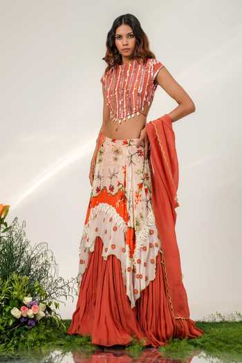 Shwetanga Ivory Cotton, Organza Sequins, Mirrors Garden Print Lehenga Set at Aza Fashions Shwetanga_Ivory Cotton, Organza Sequins, Mirrors Garden Print Lehenga Set _at_Aza_Fashions