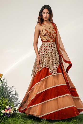 Shwetanga Gold Cotton, Organza, Tissue, Velvet Round The Royals Stripe Pattern Lehenga Set at Aza Fashions Shwetanga_Gold Cotton, Organza, Tissue, Velvet Round The Royals Stripe Pattern Lehenga Set _at_Aza_Fashions
