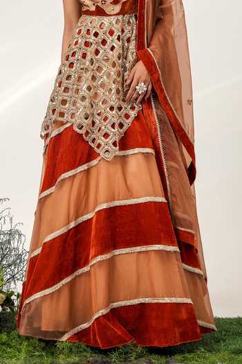 Buy Shwetanga Gold Cotton, Organza, Tissue, Velvet Round The Royals Stripe Pattern Lehenga Set Buy_Shwetanga_Gold Cotton, Organza, Tissue, Velvet Round The Royals Stripe Pattern Lehenga Set